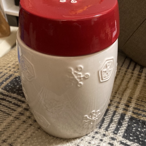 Starbucks Coffee jar white with red lid with snowflakes on - Picture 2 of 5